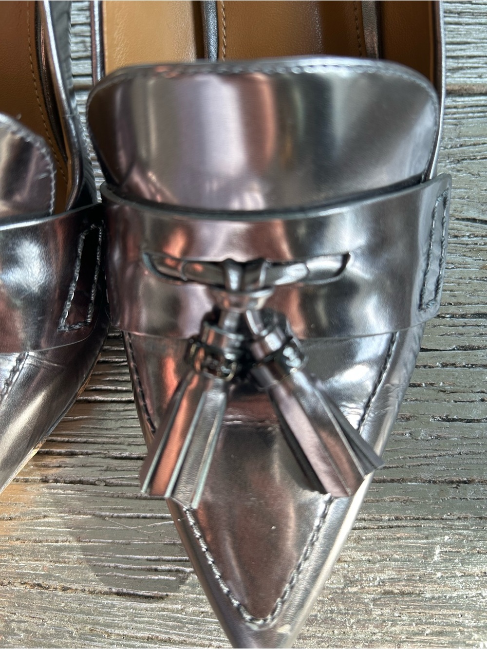 Coach Metallic Gunmetal Pointed-Toe Tassel Loafers- gorgeous classy pump - Picture 2 of 12